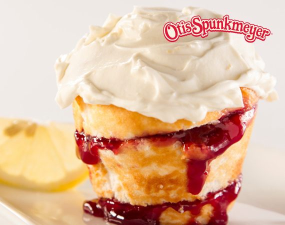 Otis Spunkmeyer angel food cake muffin prepared as strawberry shortcake